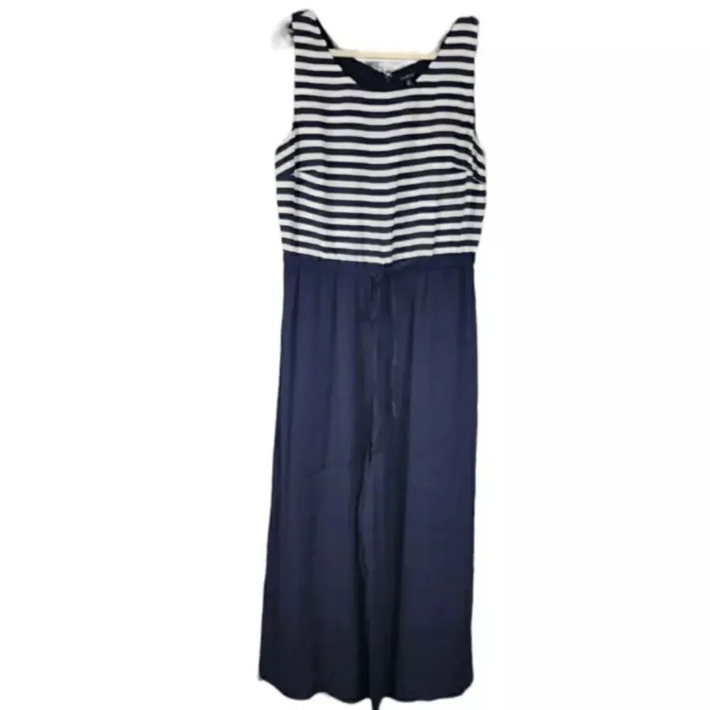 Talbots Cinch Waist Wide Leg Jumpsuit Size 8 Nautical Vibe Navy Blue Stripe